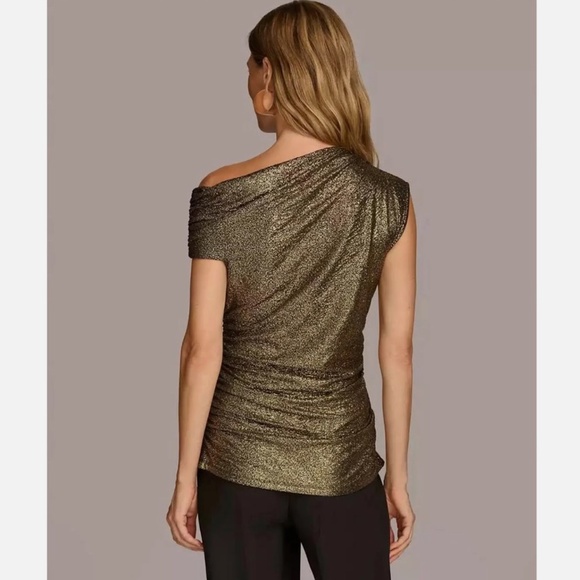 Donna Karan Women's Gold/Black Metallic Shiny Ruched One Shoulder Top Size L - Picture 4 of 7